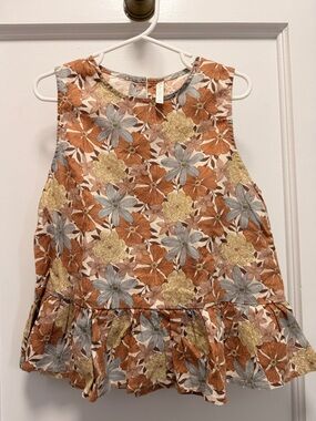 Rylee + Cru Floral Peplum Tank Top - Rust, Blue & Cream